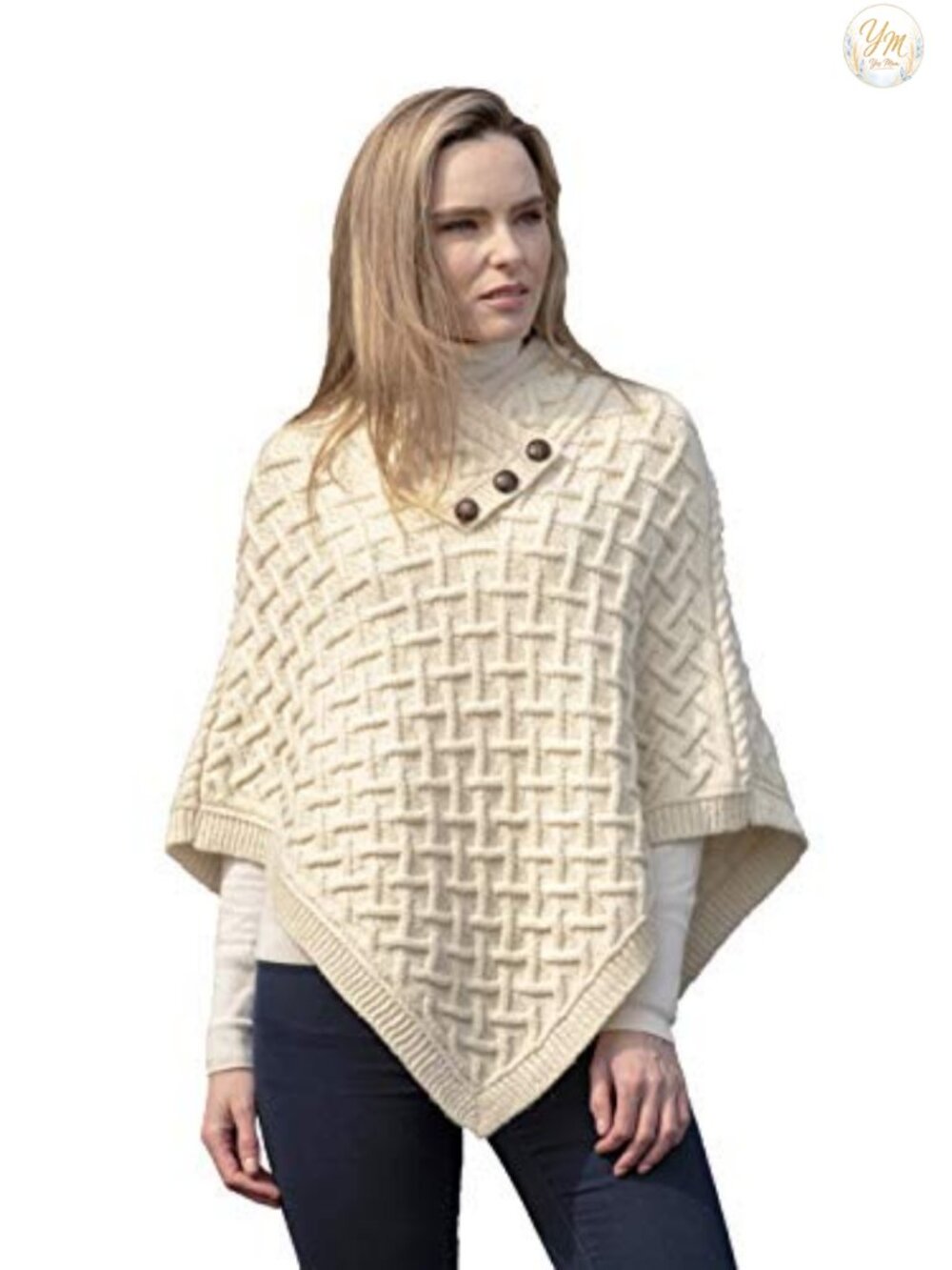 Merino Wool Cable Knit Poncho with Buttons
